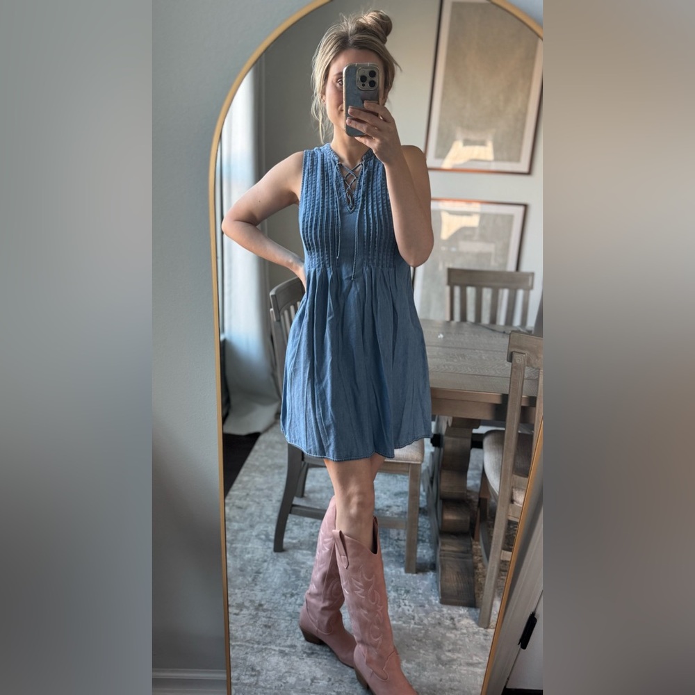 Precious Pleated Blue Jean Chambray Sleeveless Denim Dress - Picture 8 of 15